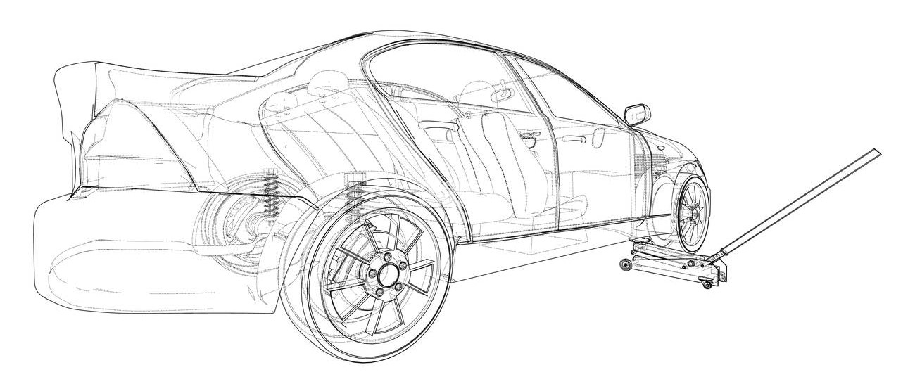 wireframe of a backwards-facing car getting jacked