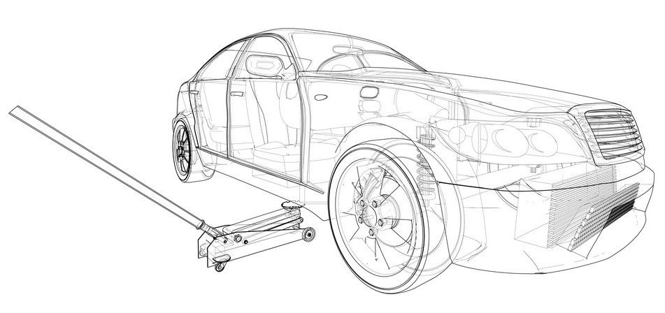 wireframe of forward-facing car being jacked
